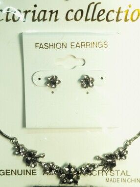 Victorian Collection Austrian Crystal Necklace & Earring Set Black Silver